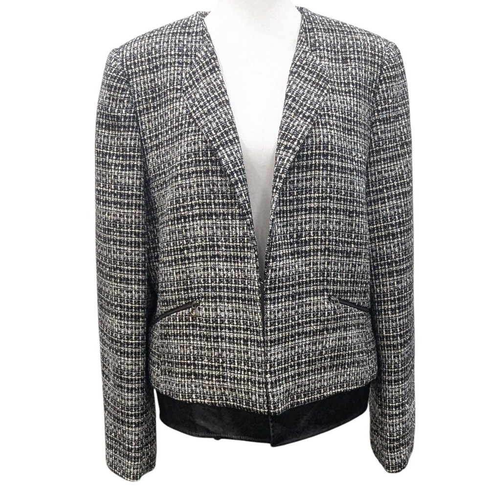 Tahari ASL Tweed Faux Suede‎ Blazer Size 14 Black White Metallic Gold Career